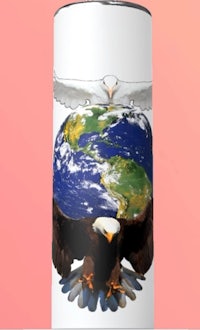 a coffee mug with an eagle and the earth on it