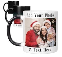 a mug with a photo of a family in santa hats