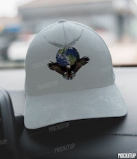 an eagle flies over the earth on a hat mockup