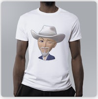 a man in a cowboy hat wearing a white t - shirt