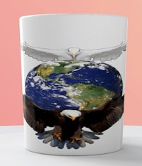 a coffee mug with an eagle on top of the earth